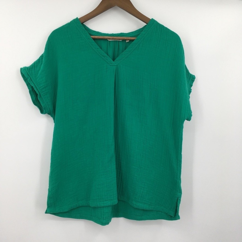 Soft Surroundings Gauze V Neck Top Women LP Green Coastal Boho Short Sleeve Airy